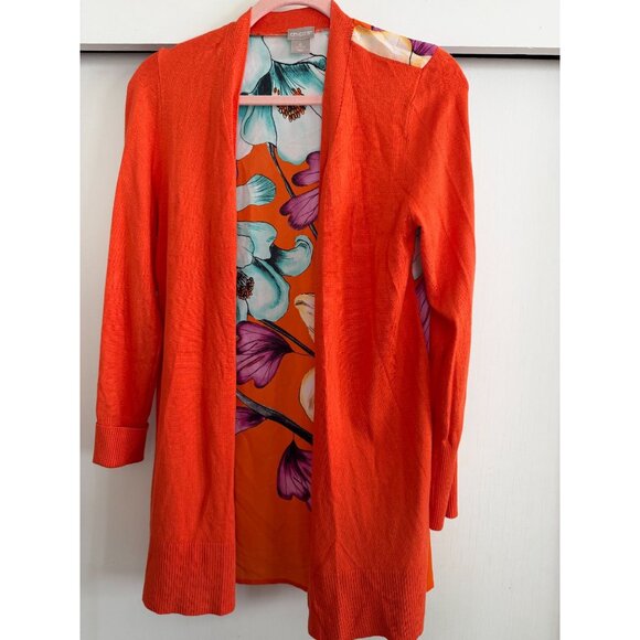 BEAUTIFUL CHICOS FLORAL LONG CARDIGAN ORANGE/RED BRIGHT PRINT SZ 0 WOMENS - Picture 2 of 5